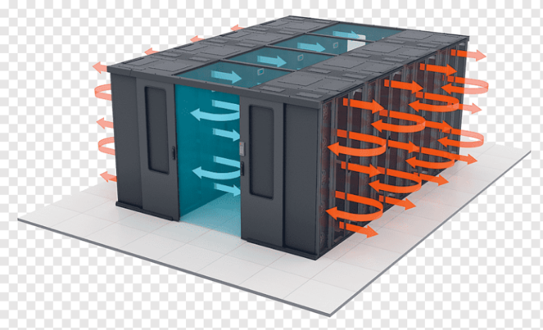 Ilustração corporativa de sistema de ar condicionado de precisão em data center com racks e sensores inteligentes