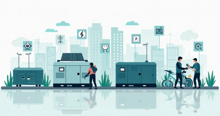Ilustração corporativa plana mostrando diferentes tipos de geradores de energia, incluindo elétrico, solar e portátil em ambiente comercial e de emergência