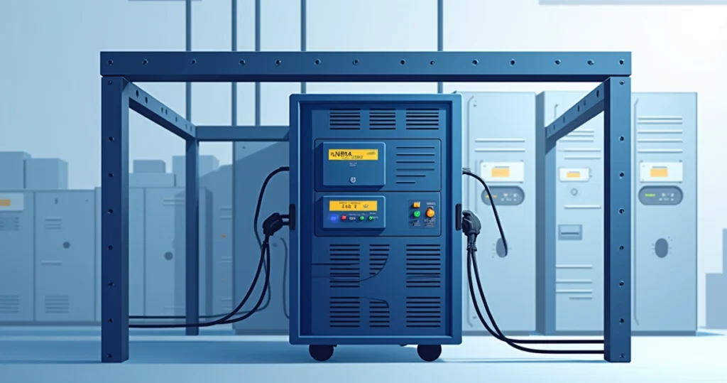 Ilustração corporativa plana de um nobreak instalado em um rack com cabos elétricos e painéis elétricos ao fundo