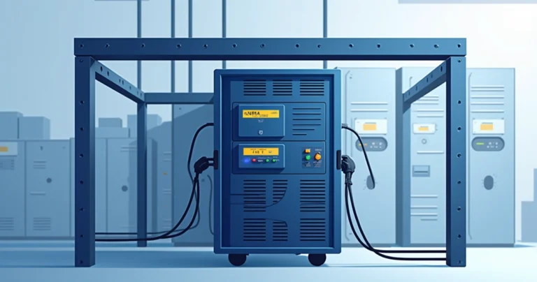 Ilustração corporativa plana de um nobreak instalado em um rack com cabos elétricos e painéis elétricos ao fundo