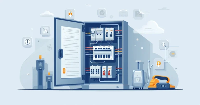 Ilustração corporativa de um quadro elétrico aberto com disjuntores, fios organizados e ícones de proteção elétrica ao fundo