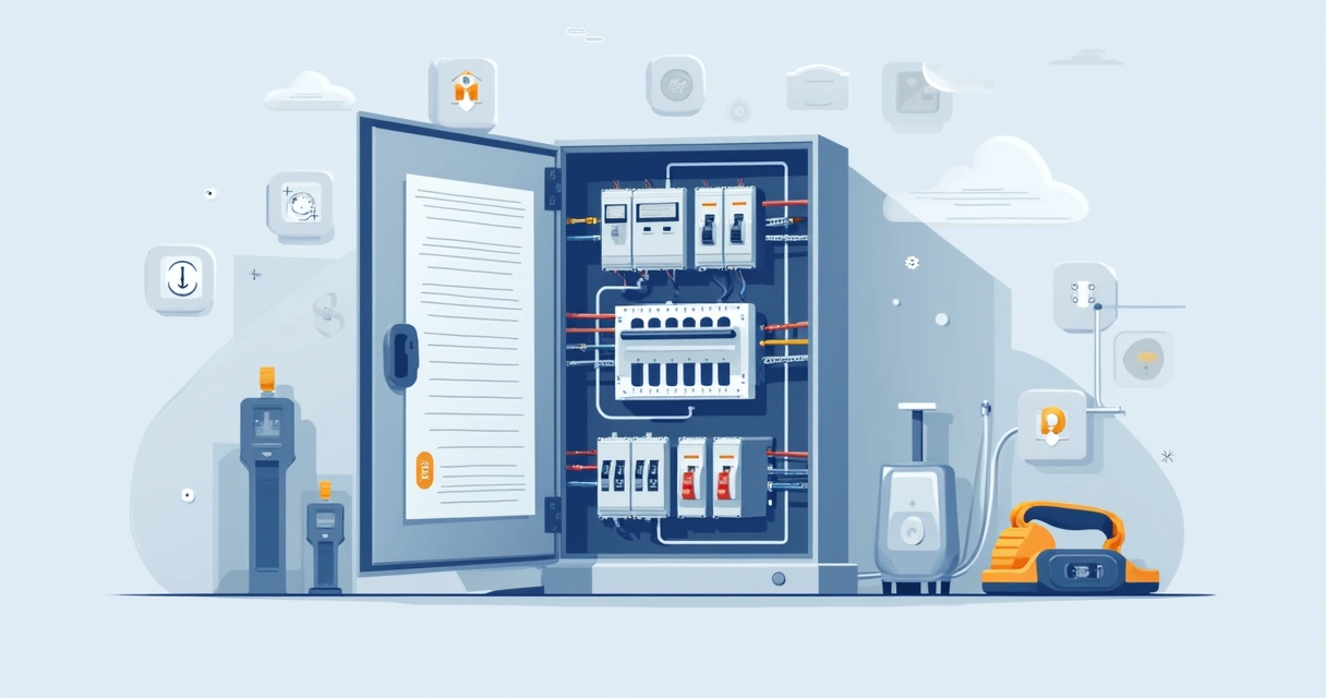 Ilustração corporativa de um quadro elétrico aberto com disjuntores, fios organizados e ícones de proteção elétrica ao fundo