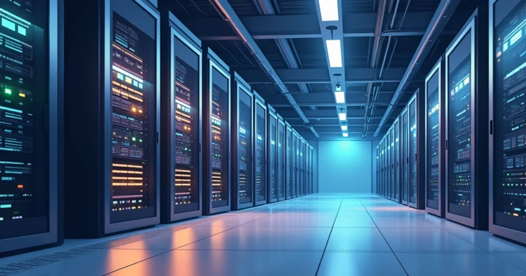 Racks de servidores com unidades UPS instaladas e luzes indicadoras em data center moderno