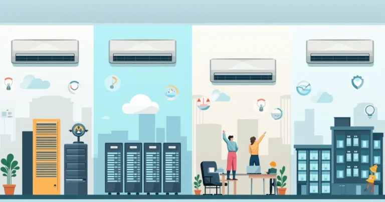 Ilustração corporativa mostrando diferentes tipos de ar condicionado em ambientes empresariais variados