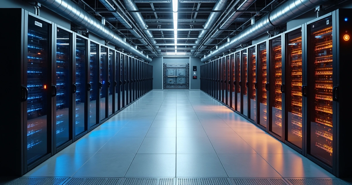 Vista superior de corredor quente e frio em data center com dutos e sensores de climatização de precisão