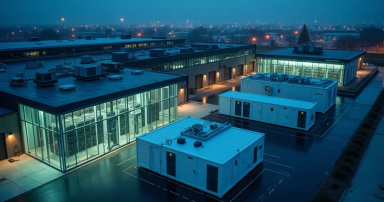 Comparação visual entre data center indoor e módulo outdoor vista aérea noturna