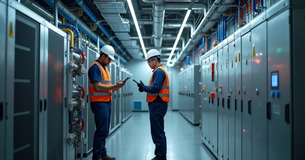 Técnicos executando manutenção segura em sala de máquinas crítica