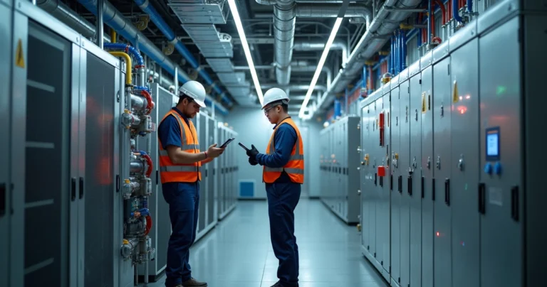Técnicos executando manutenção segura em sala de máquinas crítica