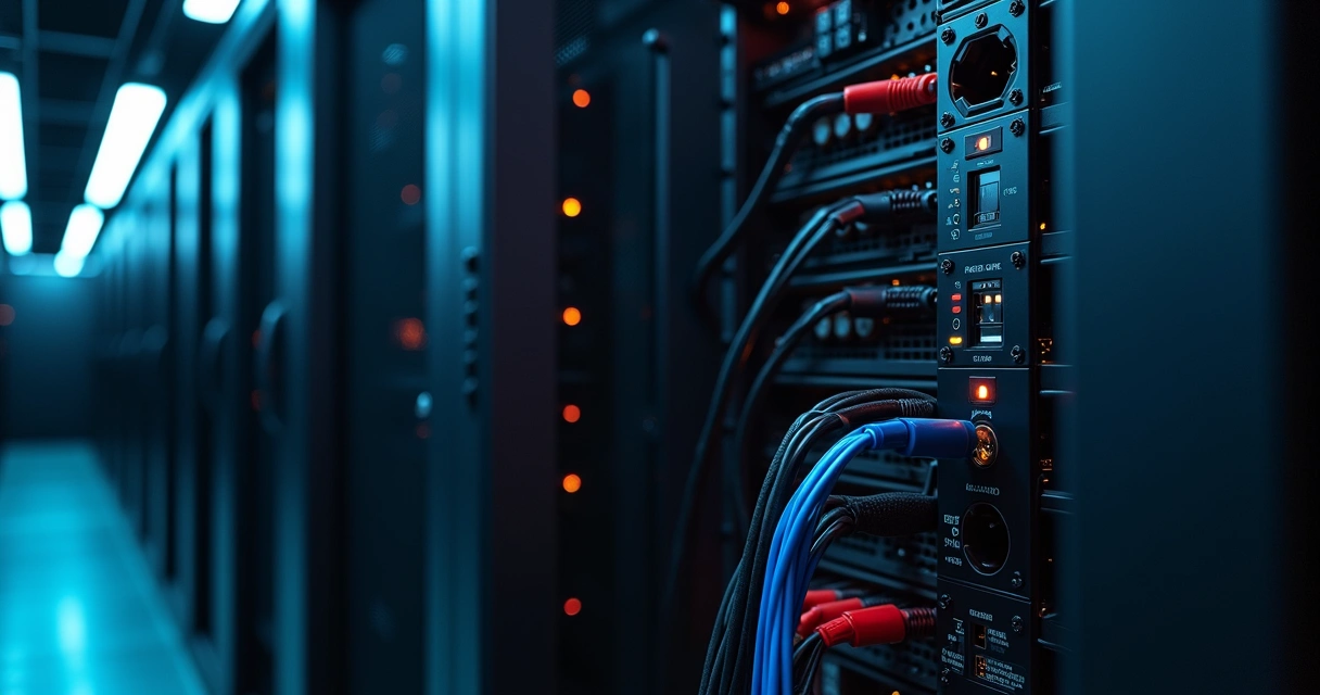Régua PDU profissional instalada na lateral de rack de TI