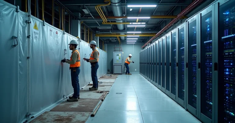 Equipe técnica trabalhando em retrofit de data center enquanto racks seguem operando