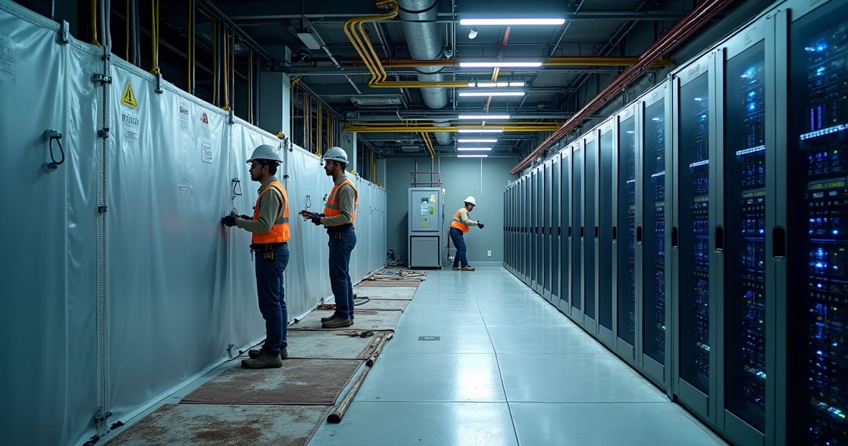 Equipe técnica trabalhando em retrofit de data center enquanto racks seguem operando